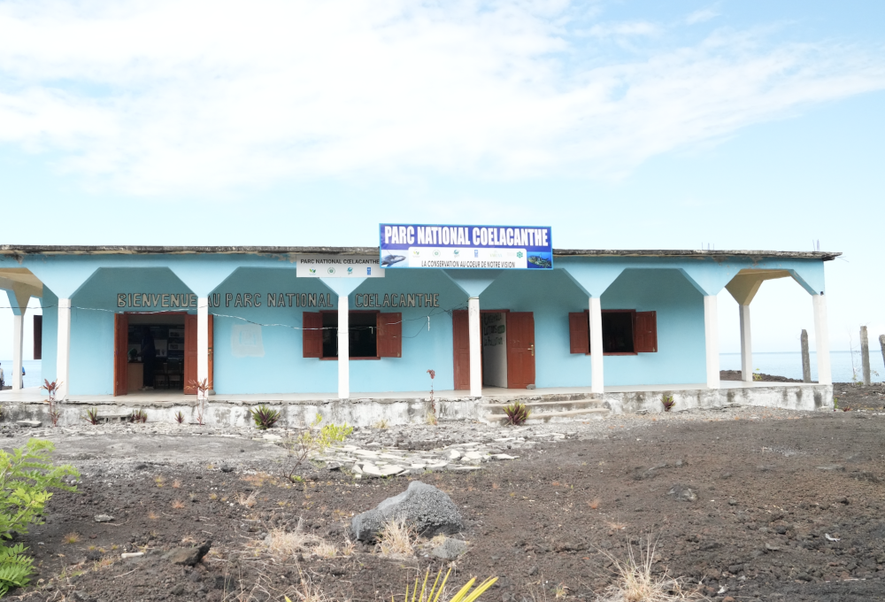 A blue visitor centre at Parc National Coelacanthe in Comoros, part of a Marine Protected Area.