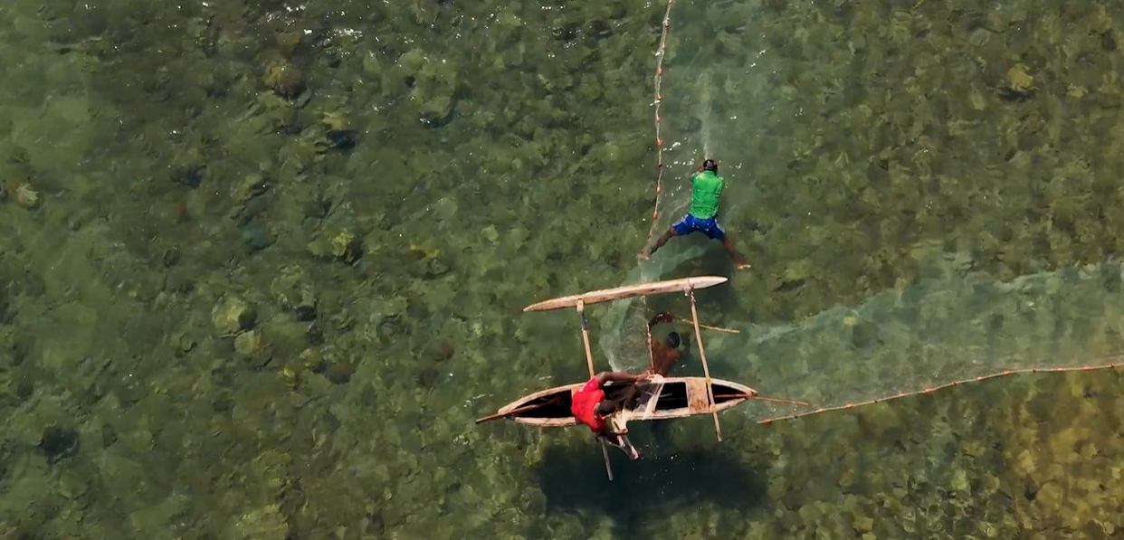 Traditional fishing using a small wooden boat and a hand thrown net.