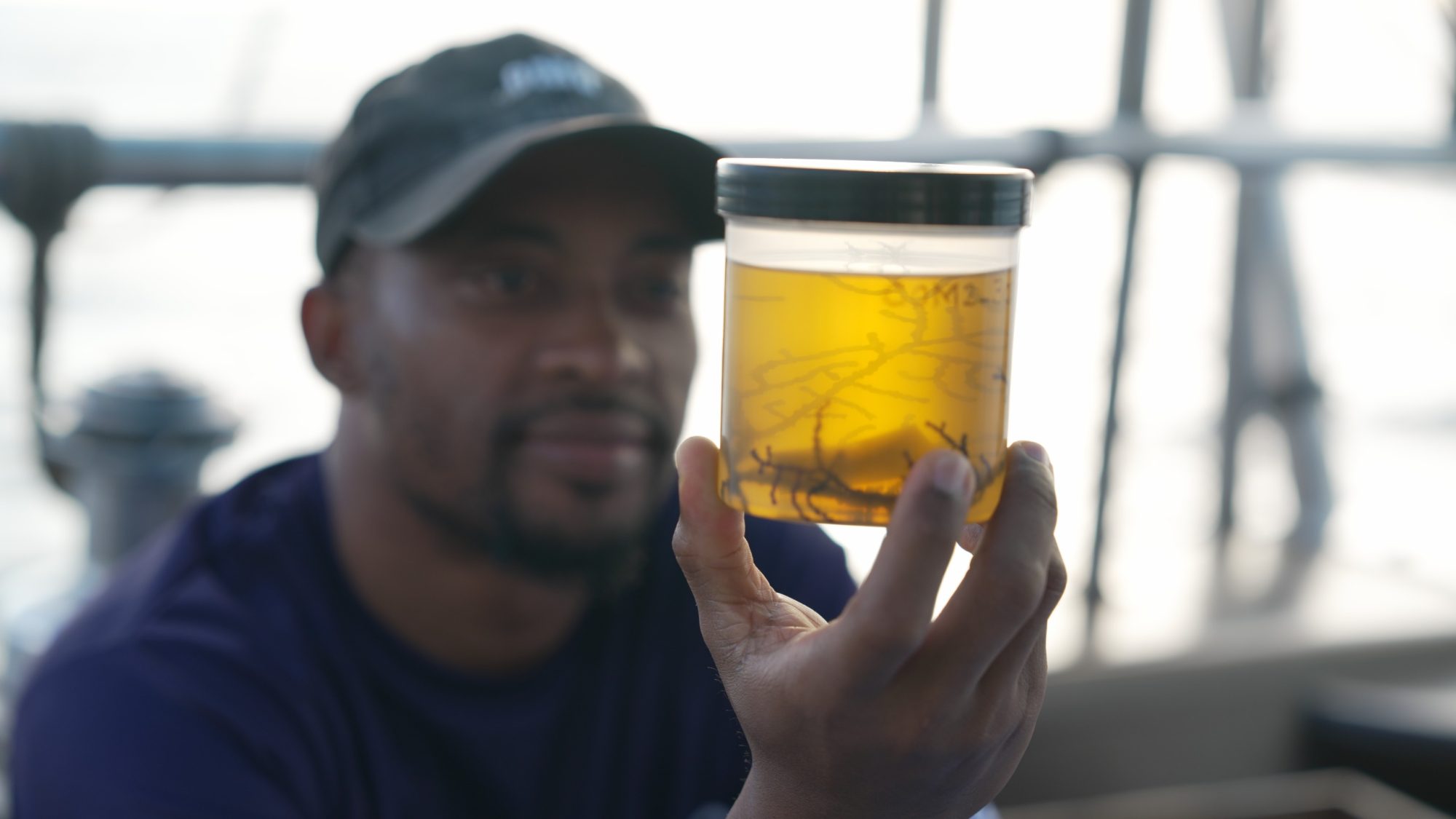 A person in a cap holds up a jar filled with amber liquid, showing marine specimens inside. The setting appears to be a boat, and the mood is focused and contemplative.
